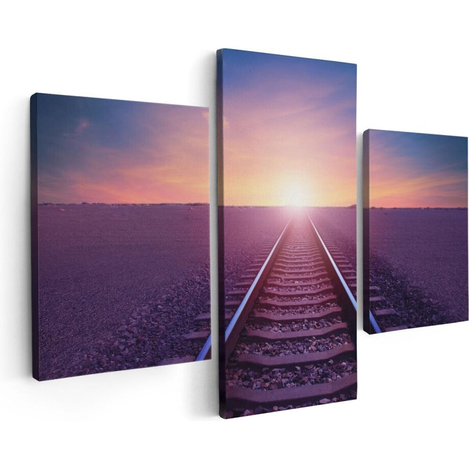 Artaza Canvas Schilderij Drieluik Rails Spoorweg In De Woestijn Bij Zonondergang - 90x60 - Foto Op Canvas - Canvas Print afbeelding 1