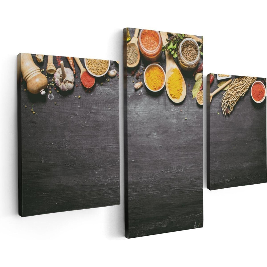 Artaza Canvas Schilderij Drieluik Indiase Kruiden Op Een Zwarte Tafel - 90x60 - Foto Op Canvas - Canvas Print afbeelding 1