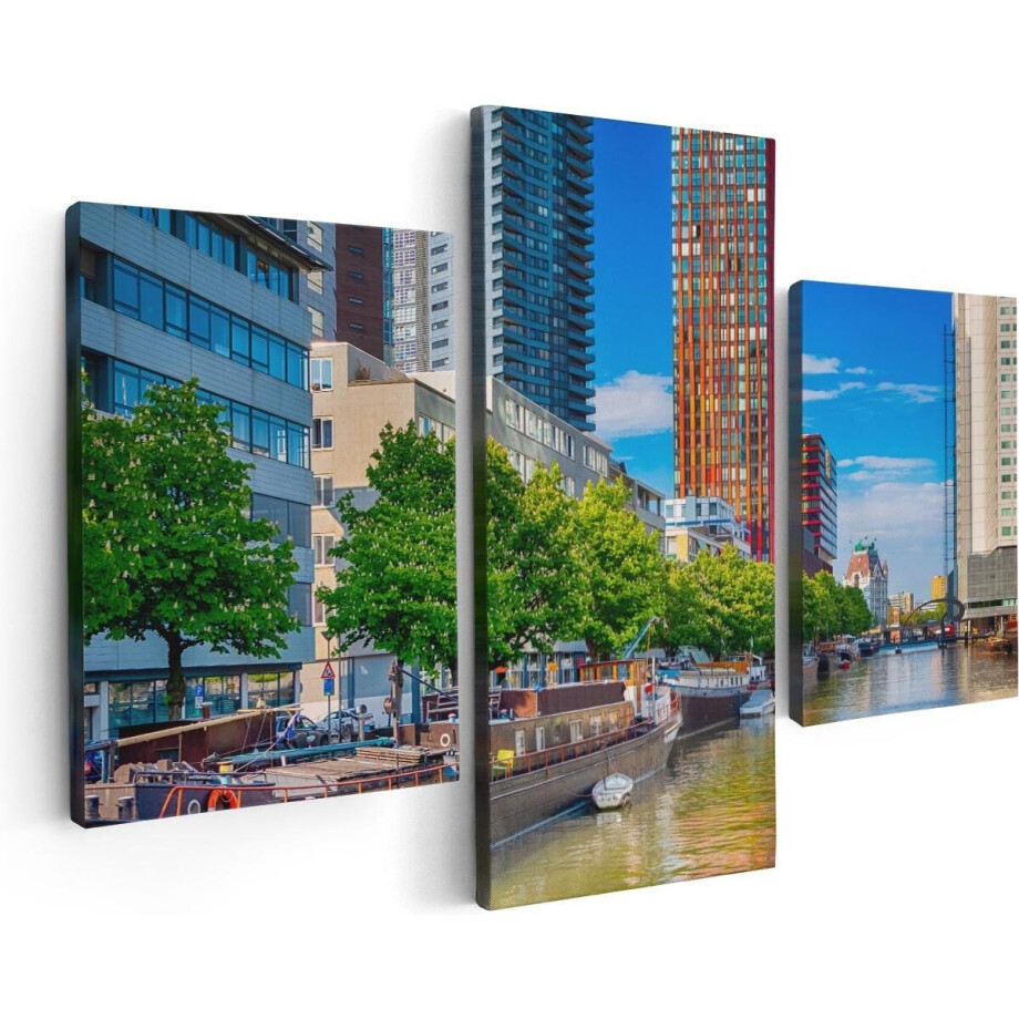Artaza Canvas Schilderij Drieluik Rotterdamse Gracht Met Boten - 90x60 - Foto Op Canvas - Canvas Print afbeelding 1