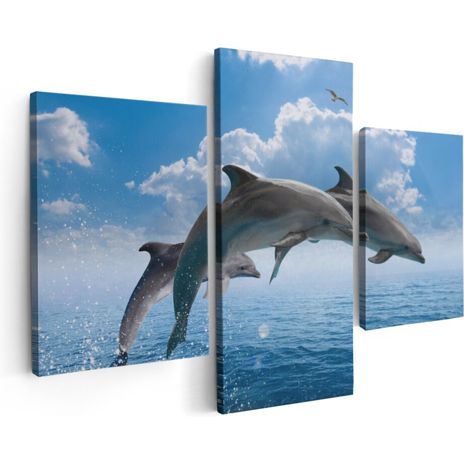 Artaza Canvas Schilderij Drieluik Dolfijnen Springen uit de Blauwe Zee - 180x120 - Groot - Foto Op Canvas - Canvas Print afbeelding 1