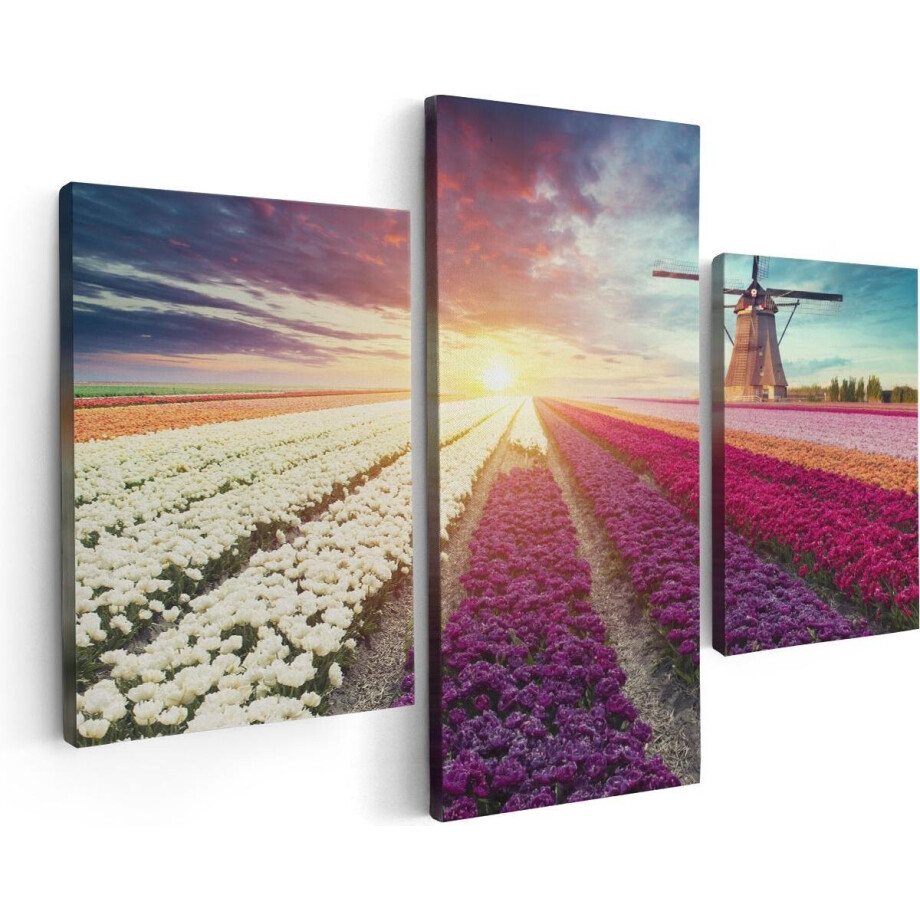 Artaza Canvas Schilderij Drieluik Kleurrijke Tulpen Bloemenveld - Windmolen - 90x60 - Foto Op Canvas - Canvas Print afbeelding 1