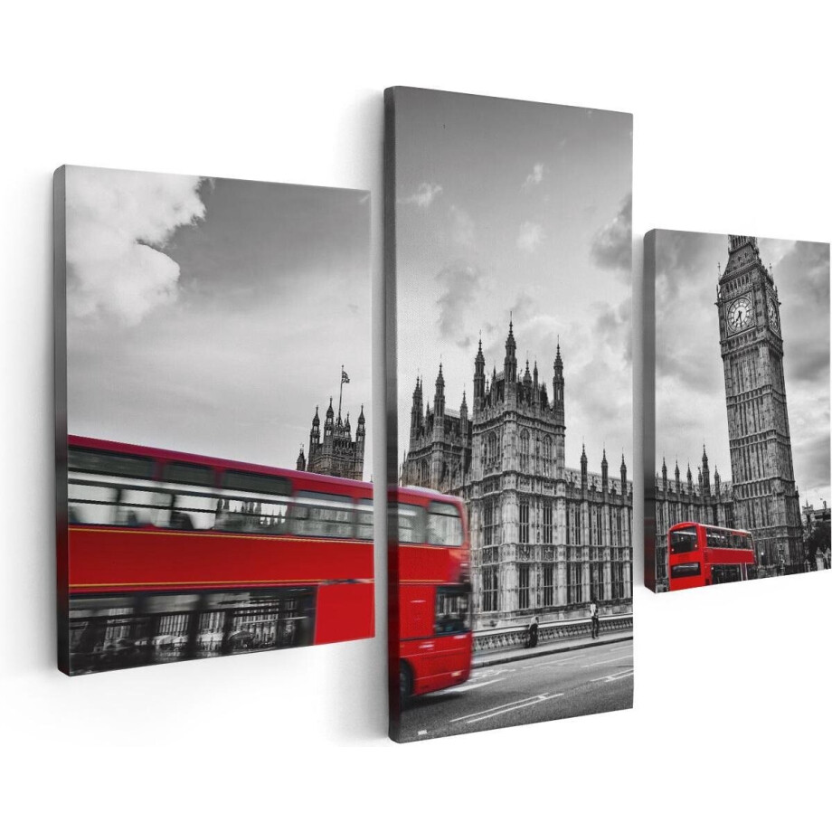 Artaza Canvas Schilderij Drieluik Rode Bussen in Londen - Retro - 90x60 - Foto Op Canvas - Canvas Print afbeelding 1