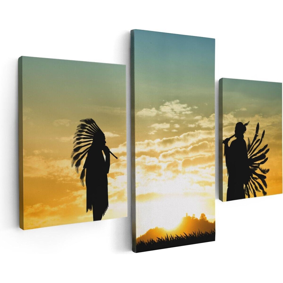 Artaza Canvas Schilderij Drieluik Twee Silhouetten van Indianen bij Zonsondergang - 90x60 - Foto Op Canvas - Canvas Print afbeelding 1