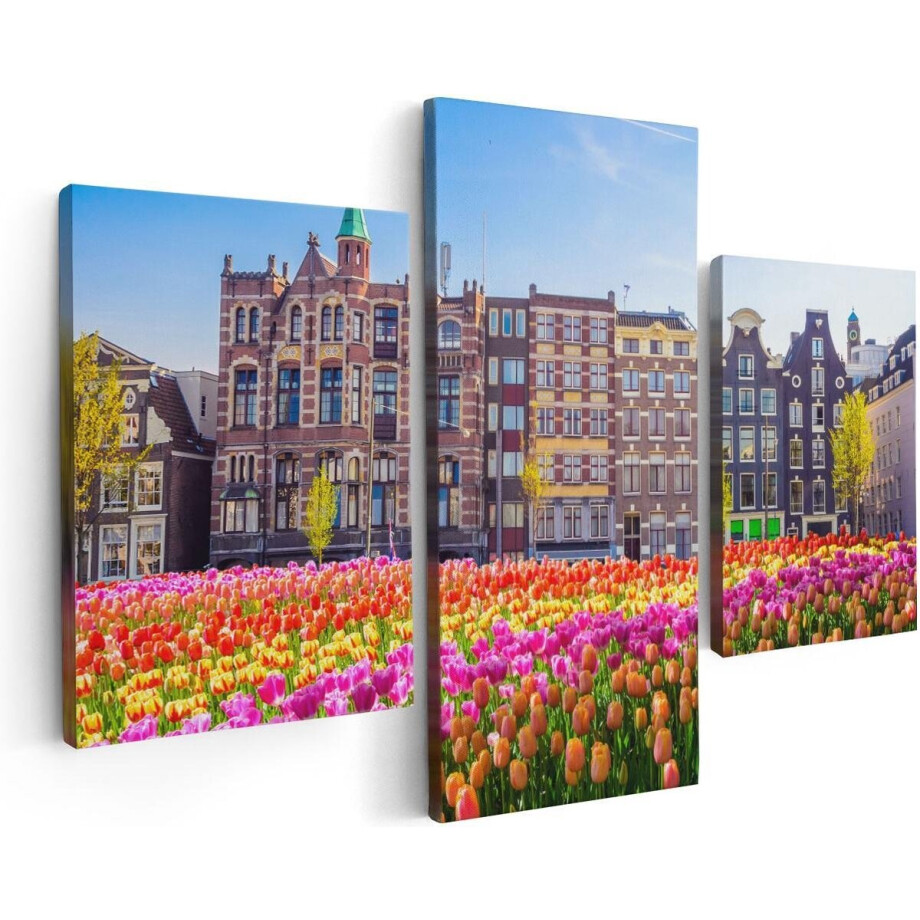 Artaza Canvas Schilderij Drieluik Amsterdamse Huisjes Met Tulpen - Kleur - 90x60 - Foto Op Canvas - Canvas Print afbeelding 1