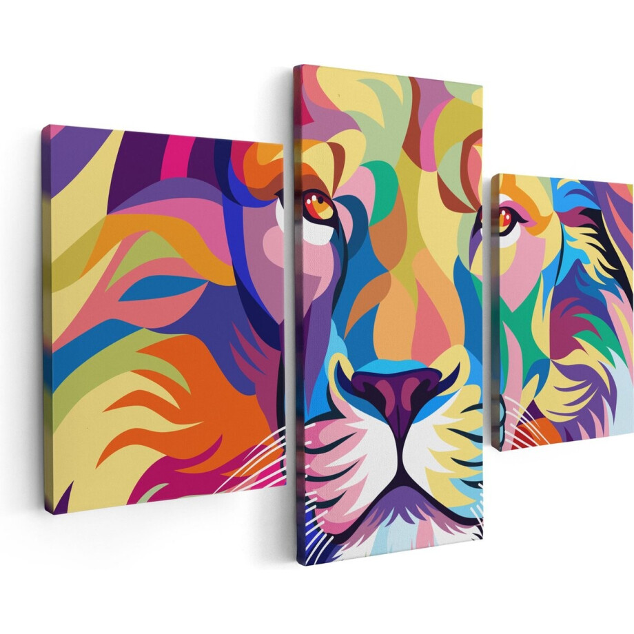 Artaza Canvas Schilderij Drieluik Gekleurde Leeuw - Leeuwenkop - Abstract - 90x60 - Foto Op Canvas - Canvas Print afbeelding 1