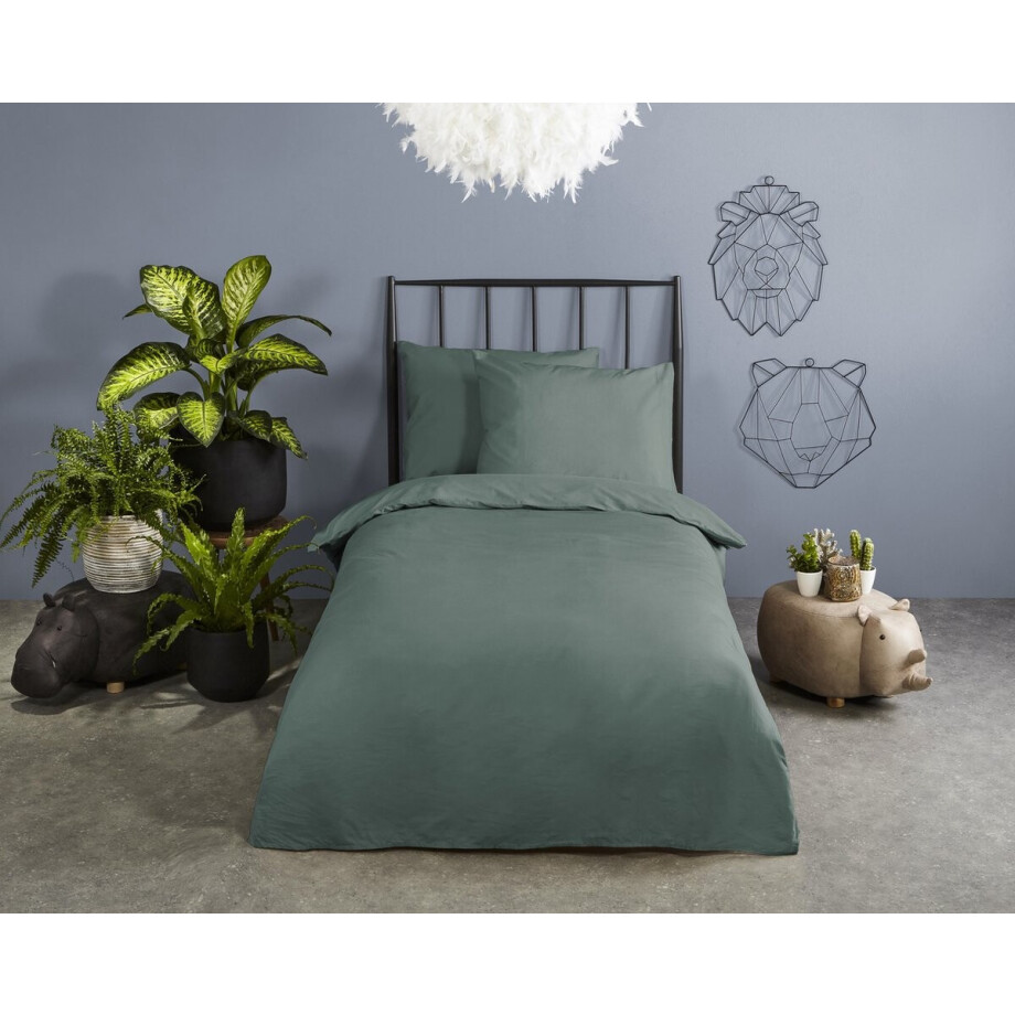Good Morning dekbedovertrek effen kleur - 1 persoons 140x200/220 cm - Olijfgroen - 100% Katoen renforce afbeelding 1