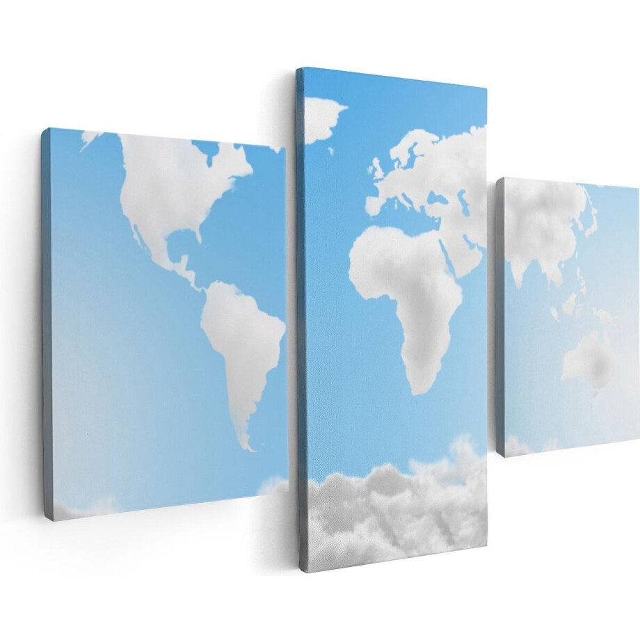 Artaza Canvas Schilderij Drieluik Wereldkaart Gemaakt Van Wolken - 90x60 - Foto Op Canvas - Canvas Print afbeelding 1