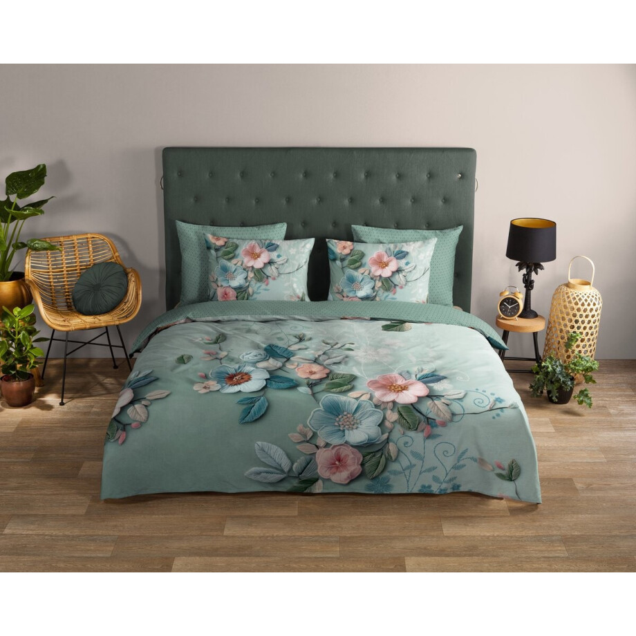Good Morning dekbedovertrek bloemen - Lits jumeaux 240x200/220 cm - Groen - 100% Katoen renforce Good Morning dekbedovertrek bloemen - Lits jumeaux 240x200/220 cm - Groen - 100% Katoen renforce afbeelding 1