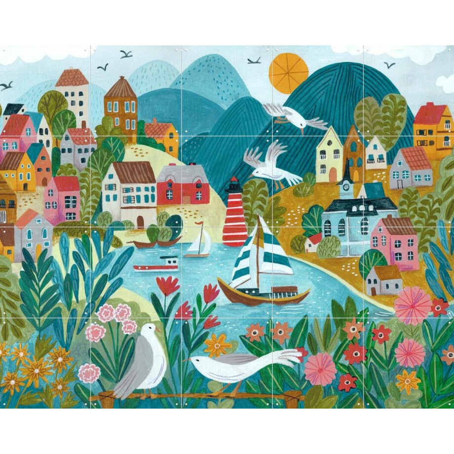 IXXI Coastal Village, Caroline Bonne Müller & Various - 100 x 80 cm - Gratis ophangtool - Grote wanddecoratie en posters - Aquarel, Fantasierijk afbeelding 1