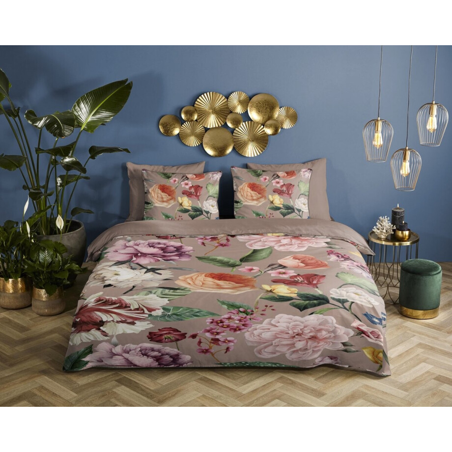 Descanso dekbedovertrek bloemen - 2 persoons 200x200/220 cm - Taupe - 100% Katoen satijn afbeelding 1