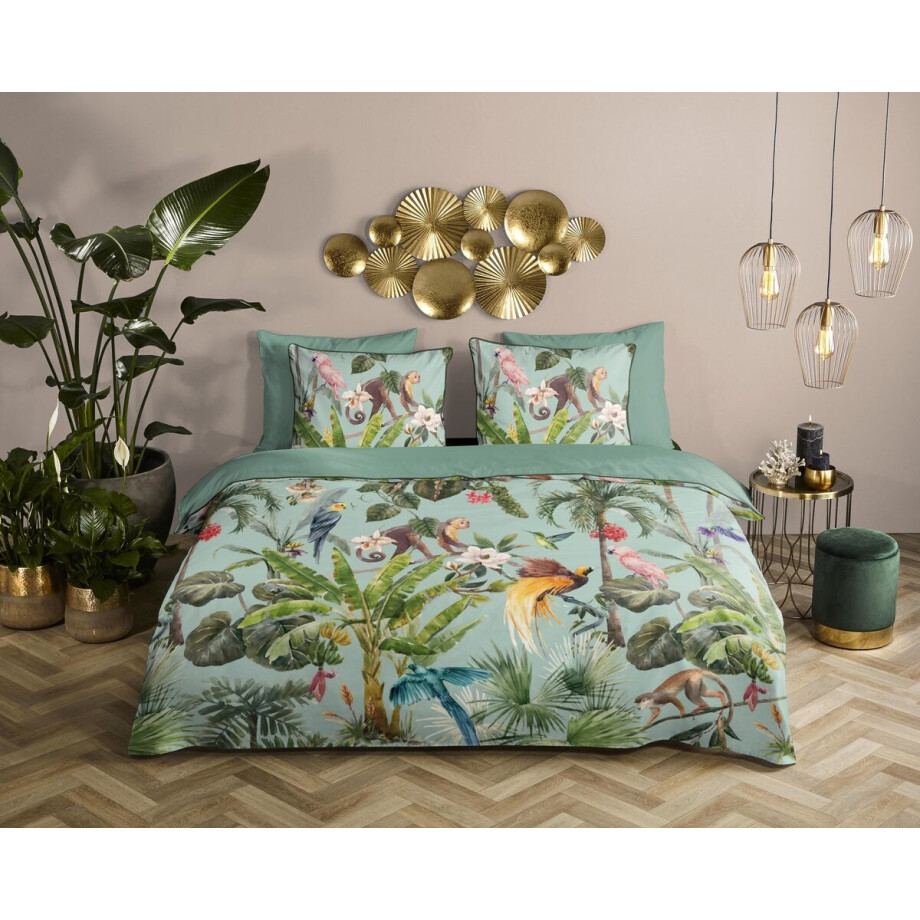 Descanso dekbedovertrek dieren in de jungle - Lits jumeaux 240x200/220 cm - Groen - 100% Katoen satijn afbeelding 1