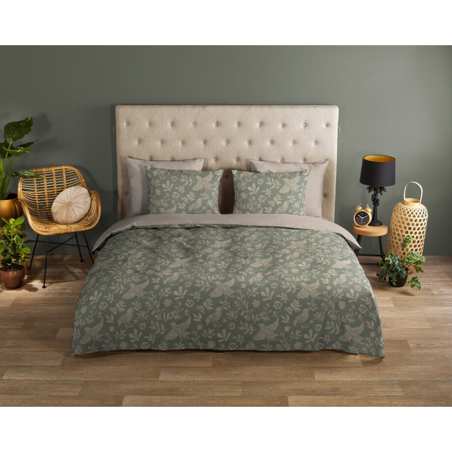 Good Morning dekbedovertrek bladeren en vogels - 2 persoons 200x200/220 cm - Groen - 100% Katoen renforce Good Morning dekbedovertrek bladeren en vogels - 2 persoons 200x200/220 cm - Groen - 100% Katoen renforce afbeelding 1