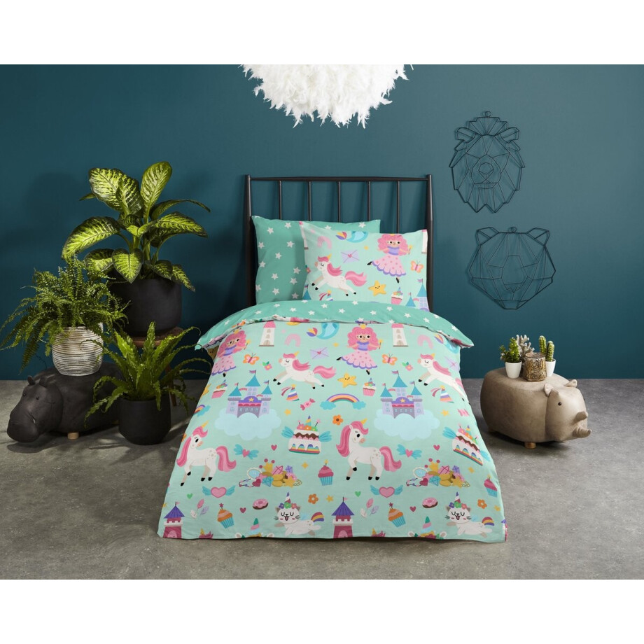 Good Morning dekbedovertrek eenhoorn, prinses, regenboog - 1 persoons 140x200/220 cm - Mint - 100% Katoen renforce afbeelding 1