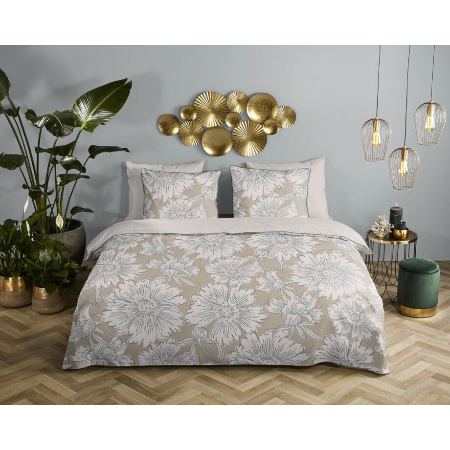 Descanso dekbedovertrek bloemen - 2 persoons 200x200/220 cm - Zand - 100% Katoen satijn afbeelding 1