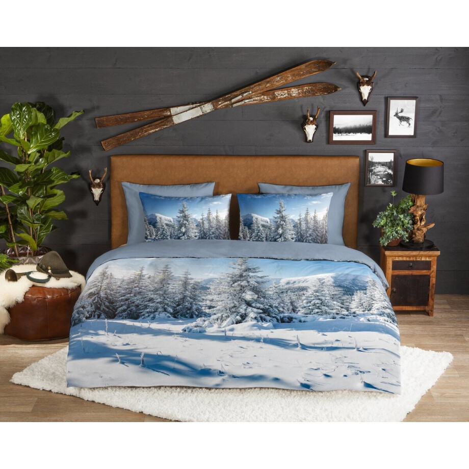 Good Morning dekbedovertrek sneeuw / winterlandschap - 1 persoons 140x200/220 cm - Blauw - 100% Katoen flanel afbeelding 1