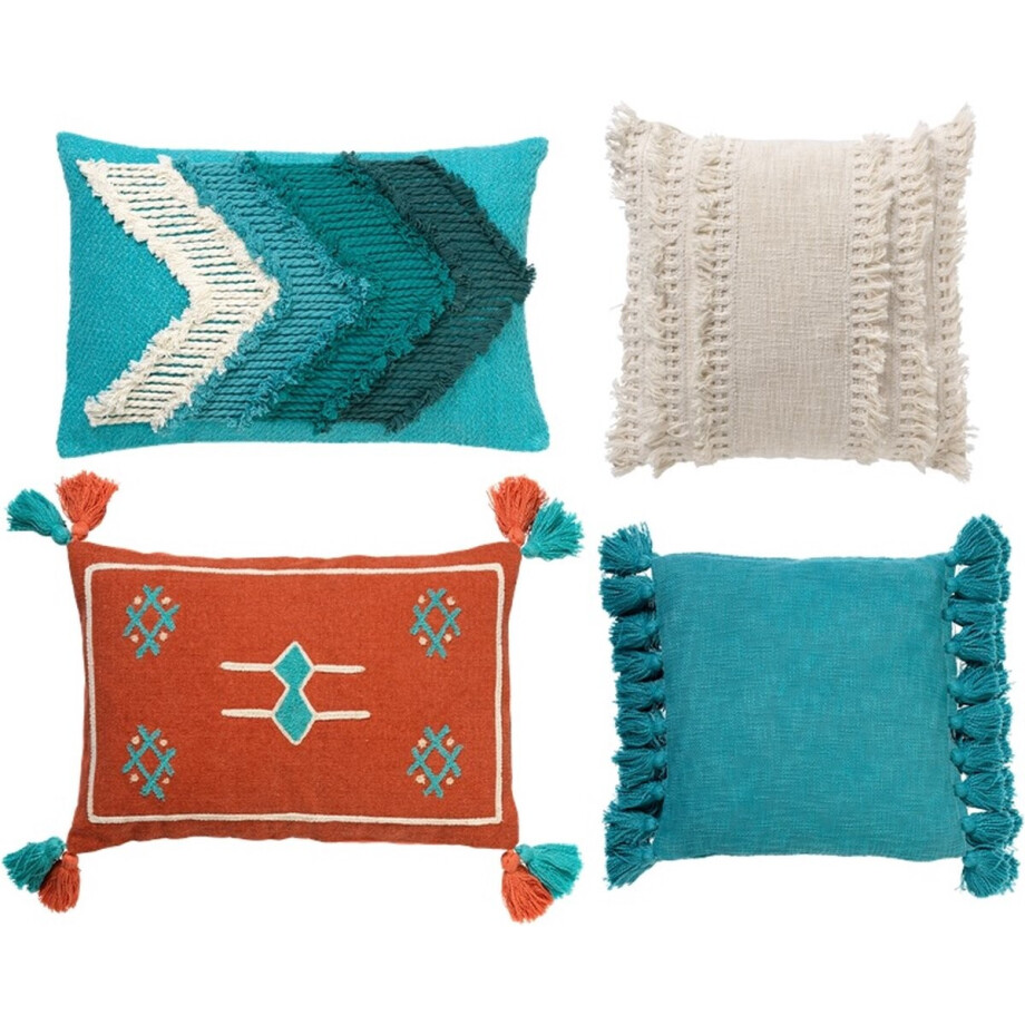 Set van 4 sierkussens - INCLUSIEF BINNENKUSSENS - 45x45 cm - 40x60 cm - flosjes - wit - aqua - oranje - Ibiza style - Dutch Decor Set van 4 sierkussens - INCLUSIEF BINNENKUSSENS - 45x45 cm - 40x60 cm - flosjes - wit - aqua - oranje - Ibiza style - Dutch Decor afbeelding 1