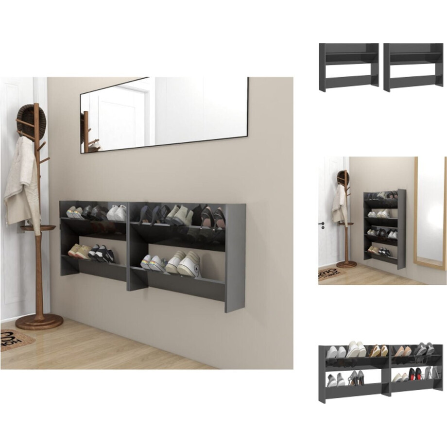 vidaXL Wandschoenenkast - Wandschoenenkasten - Wandkast Voor Schoenen - Wandkasten Voor Schoenen - Wandschoenenkasten 2 st 80x18x60 cm hout hoogglans grijs afbeelding 1