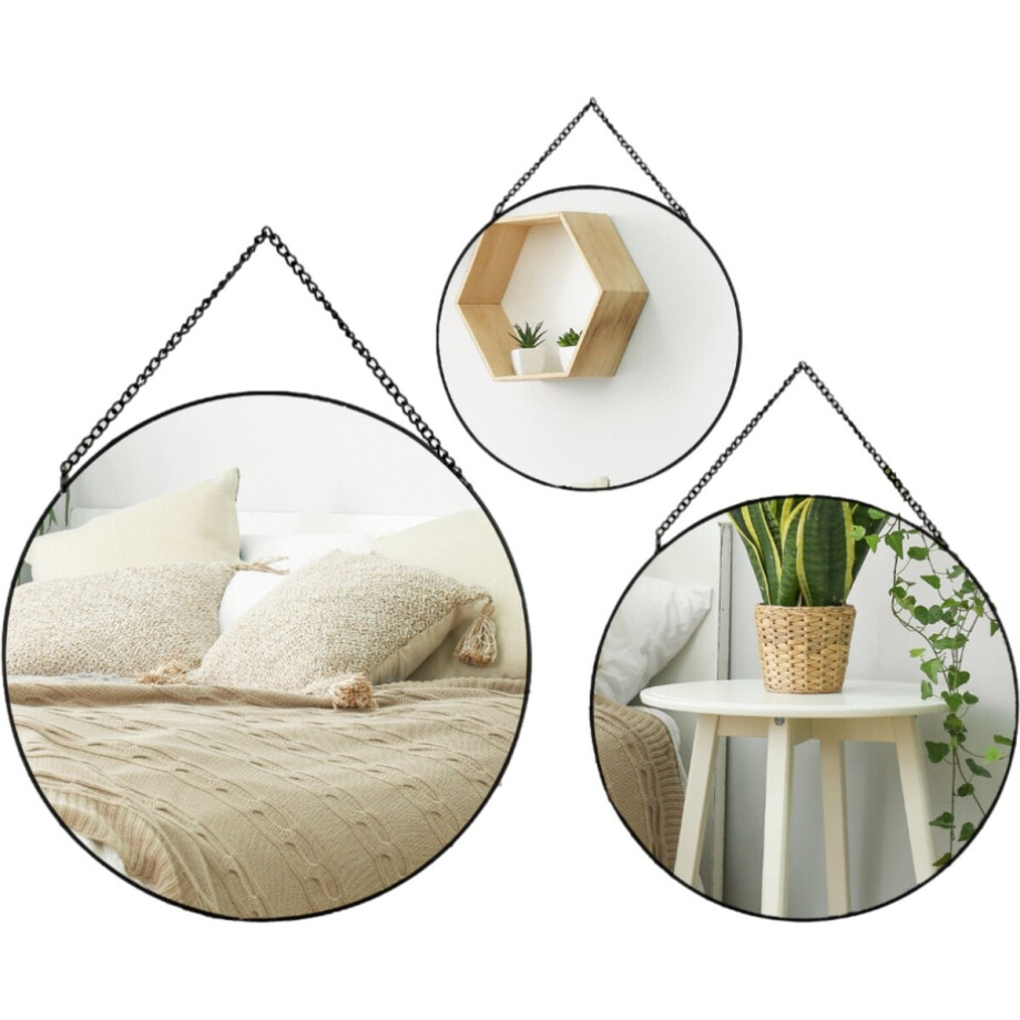 MISOU Spiegel - Set van 3 - Rond - Zwart - Metaal - Wandspiegel - Wanddecoratie - Miroir Mural MISOU Spiegel - Set van 3 - Rond - Zwart - Metaal - Wandspiegel - Wanddecoratie - Miroir Mural afbeelding 1