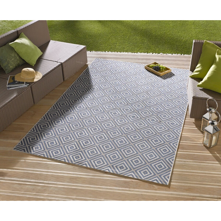 Flycarpets Laagpolig vloerkleed - Binnen en buitenkleed - Karo - Blauw 80x200 cm afbeelding 1