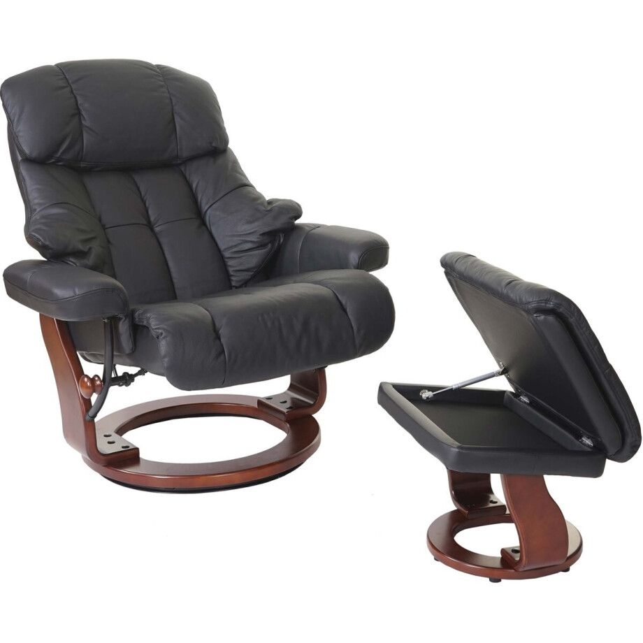 MCA Relax fauteuil Calgary XXL, TV fauteuil kruk, echt leer 180kg belastbaar ~ zwart, walnoot look MCA Relax fauteuil Calgary XXL, TV fauteuil kruk, echt leer 180kg belastbaar ~ zwart, walnoot look afbeelding 1