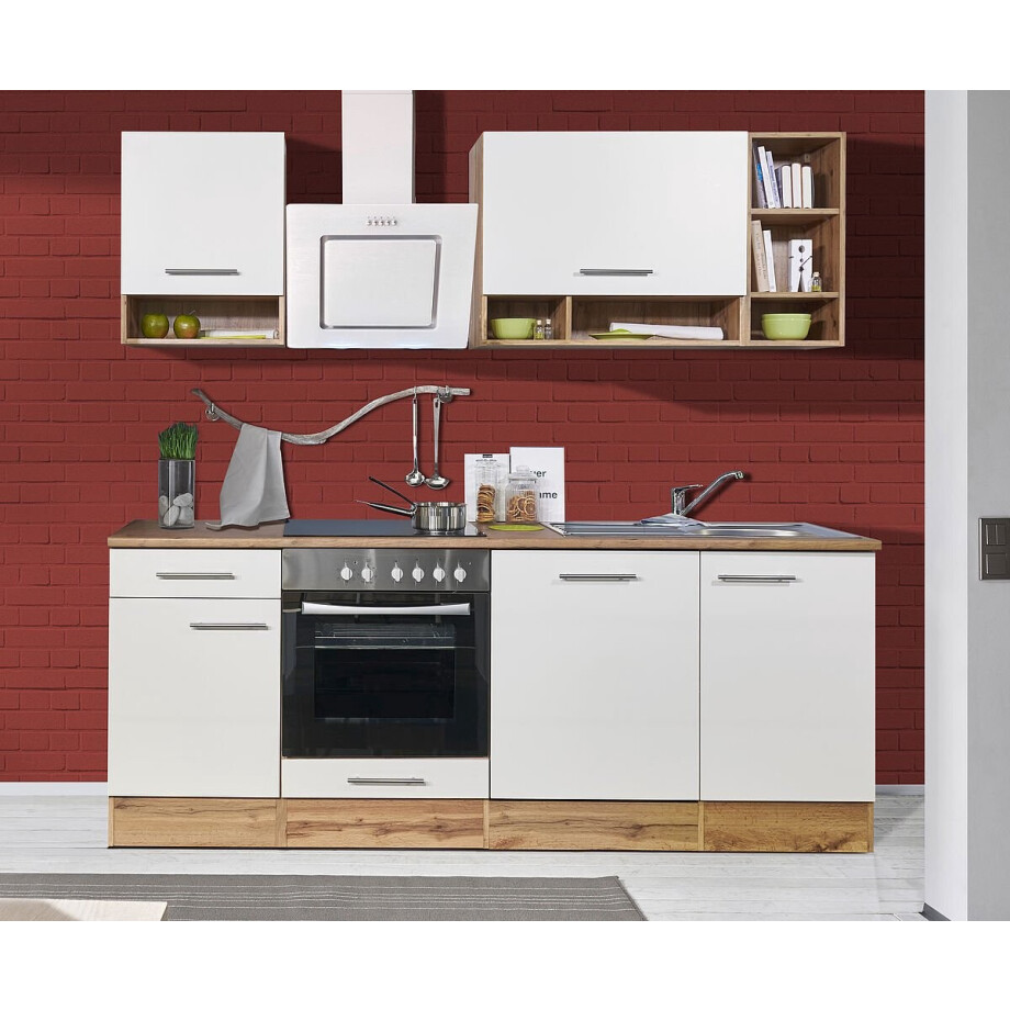Goedkope keuken 220 cm - complete keuken met apparatuur Hilde - Wild eiken/Wit - keramische kookplaat - vaatwasser - afzuigkap - oven - spoelbak Goedkope keuken 220 cm - complete keuken met apparatuur Hilde - Wild eiken/Wit - keramische kookplaat - vaatwasser - afzuigkap - oven - spoelbak afbeelding 1
