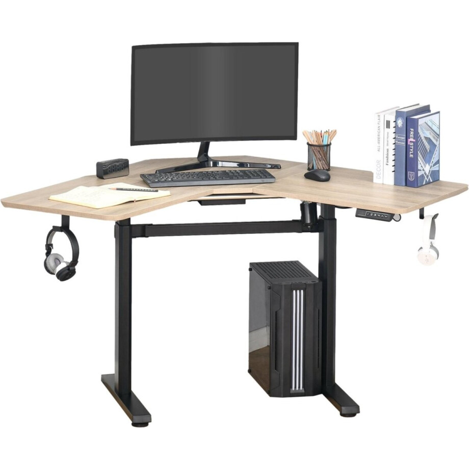 Elektrisch verstelbaar bureau - Hoekbureau - Zit sta bureau - Zit sta bureau elektrisch - Bureau - 167 x 101 x 122 cm - Zwart/Hout afbeelding 1