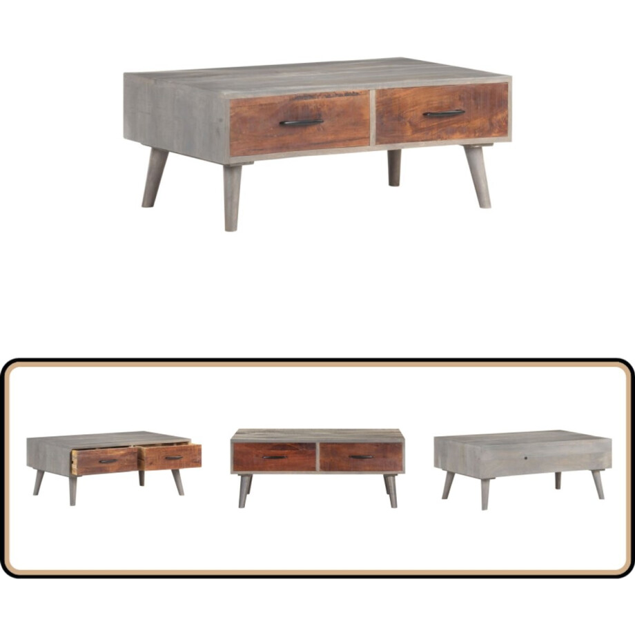 vidaXL Salontafel Mangohout 100x60x40 cm Grijs Salontafel - Mangohout - Houten Salontafel - Bijzettafel - Livingroom Furniture afbeelding 1