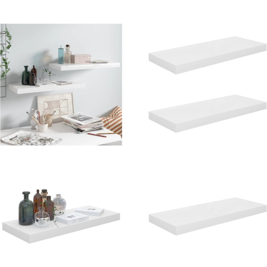 vidaXL Wandschappen zwevend 2 st 60x23,5x3,8 cm MDF hoogglans wit - Wandschap - Wandschappen - Zwevend Schap - Zwevende Schappen afbeelding 1