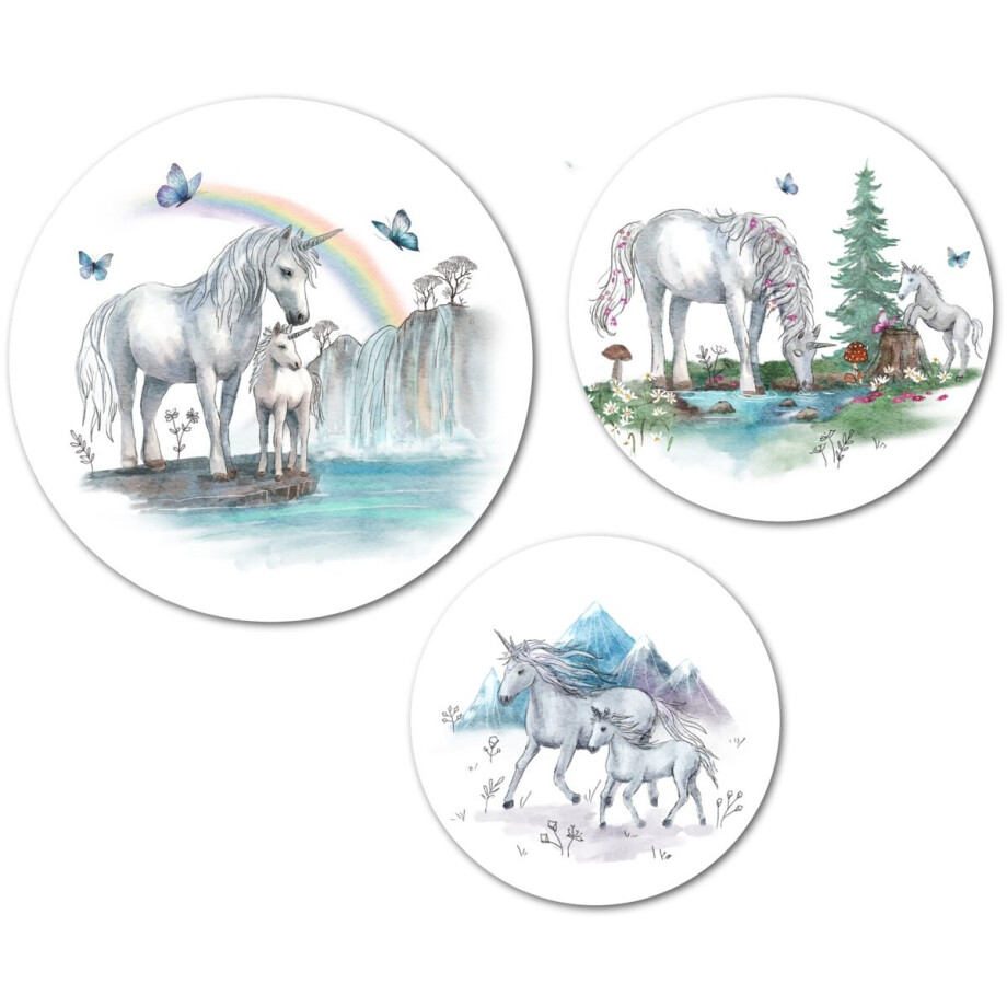 Muurcirkel / Wandcirkel Unicorns groot - set van 3 muurcirkels + ophangsysteem - Decoratie kinderkamer / babykamer jongens & meisjes afbeelding 1