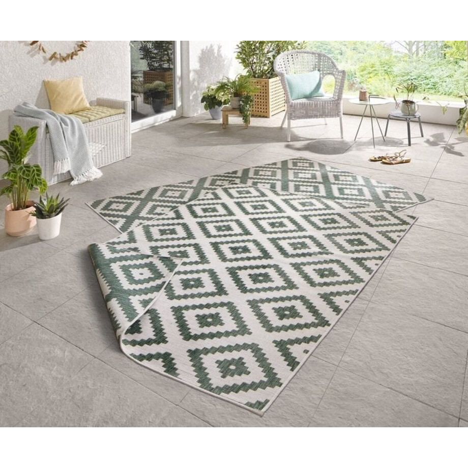 Flycarpets Omkeerbaar Vloerkleed - Binnen & Buitenkleed Malta- Groen / Creme - 80x350 cm afbeelding 1
