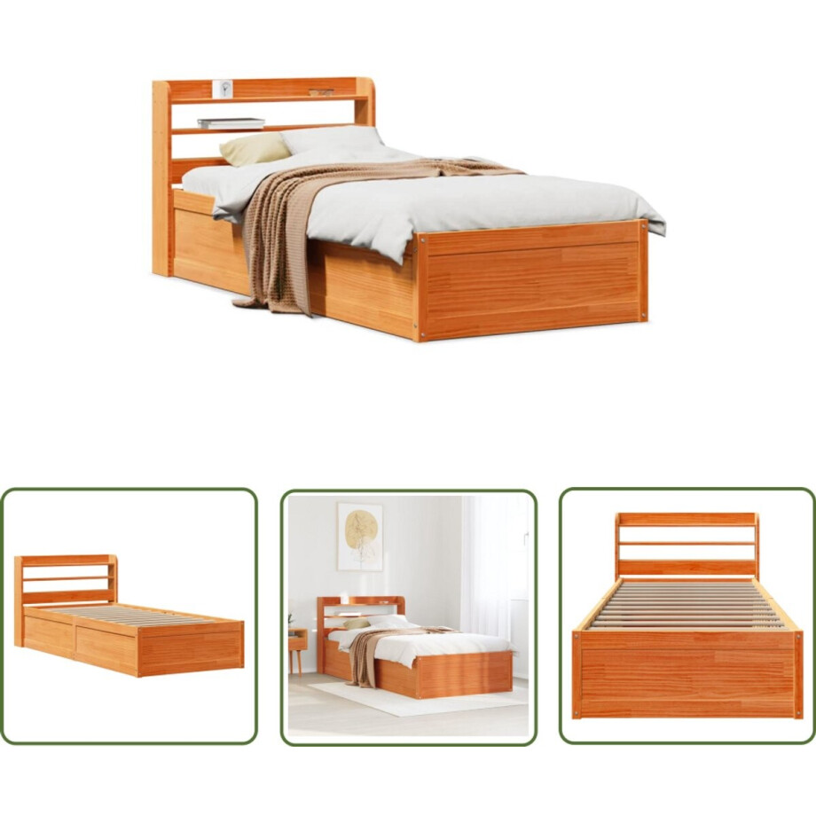 vidaXL Houten Bed - Bedframe - Bedframe met hoofdbord massief grenenhout wasbruin 100x200 cm - Massief Grenenhout - Bed Met Hoofdbord - Slaapkamers afbeelding 1