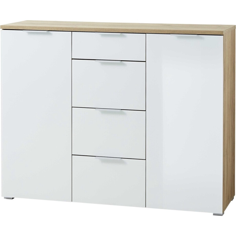Dressoir Lagos Eiken - Wit - Breedte 134 cm - Hoogte 105 cm - Diepte 40 cm - Met lades - Met planken - Met openslaande deuren afbeelding 1