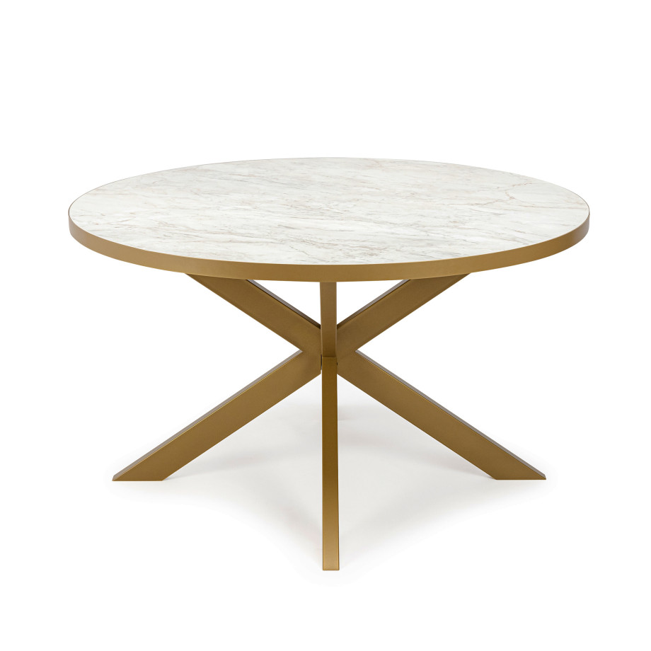 Stalux Ronde eettafel 'Daan' 148cm, kleur goud / wit marmer afbeelding 