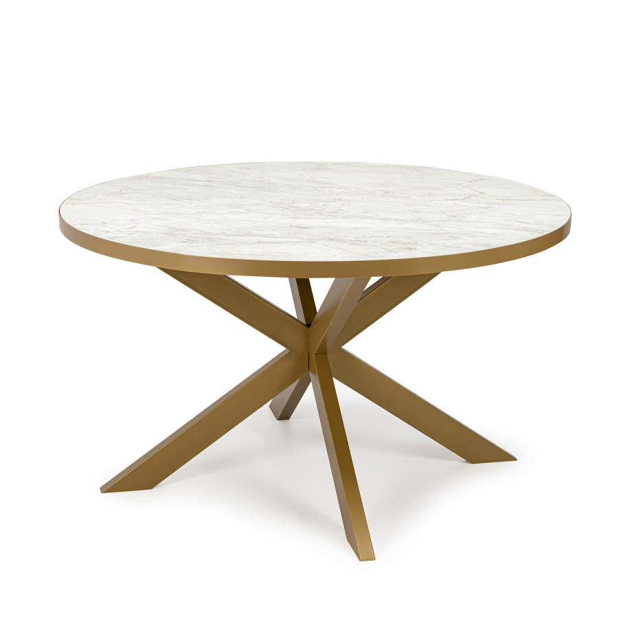 Stalux Ronde eettafel 'Daan' 135cm, kleur goud / wit marmer afbeelding 