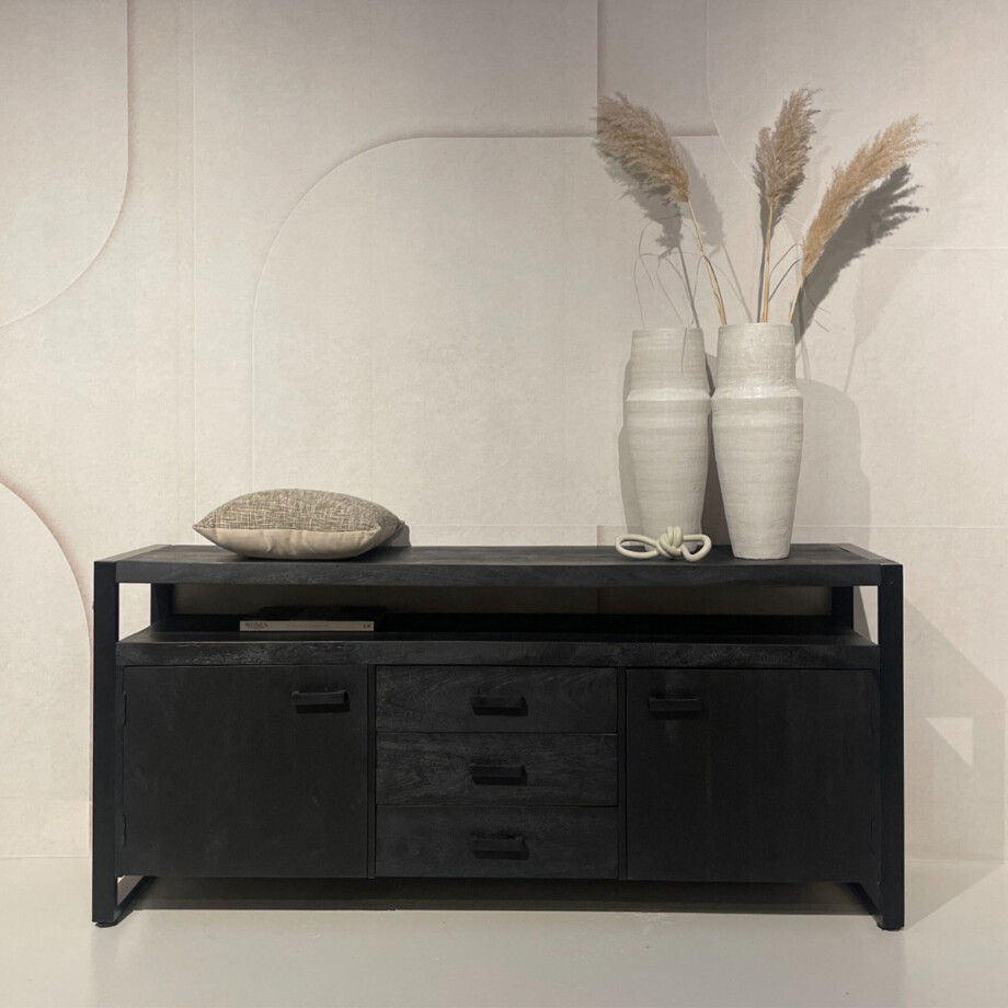 Livingfurn Dressoir 'Norris' Mangohout en staal, 180 cm, kleur zwart afbeelding 