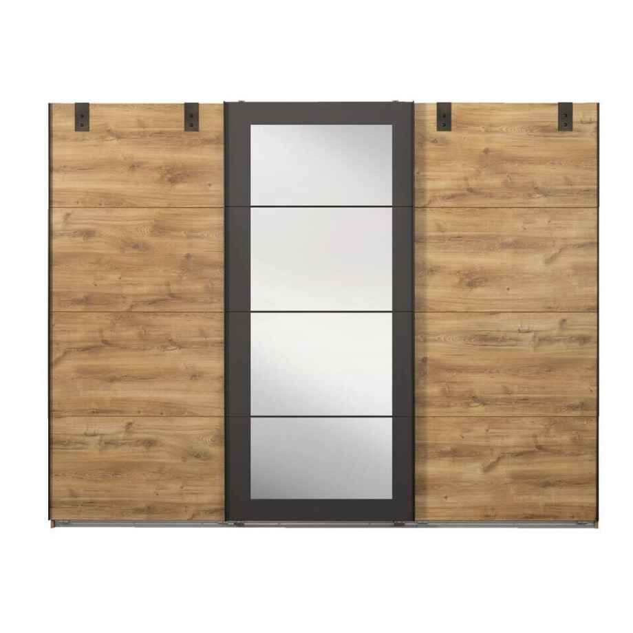 Leen Bakker - Schuifdeurkast Dex XL Met Spiegel - Eikenkleur/grafiet - 210x270x65 Cm - Spaanplaat - Bruin#Grijs#Zwart afbeelding 1