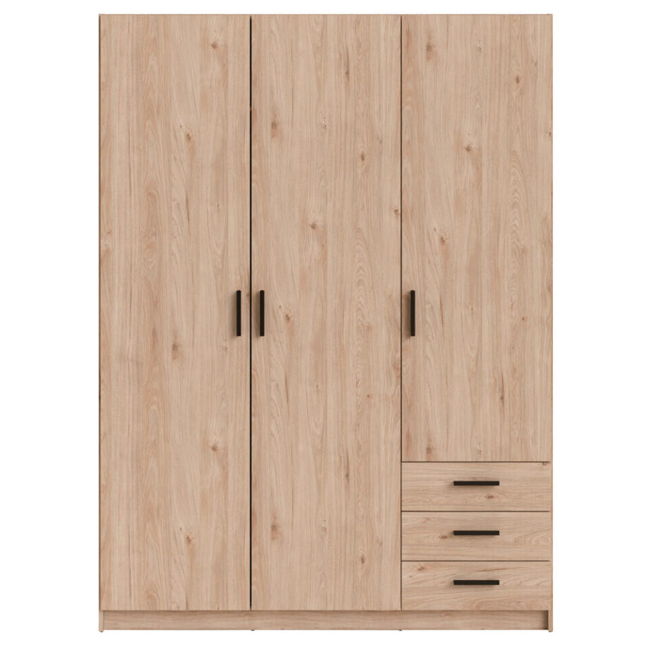 Leen Bakker - Kledingkast Sprint 3-deurs - Eikenkleur - 200x147x50 Cm - Spaanplaat - Bruin afbeelding 1