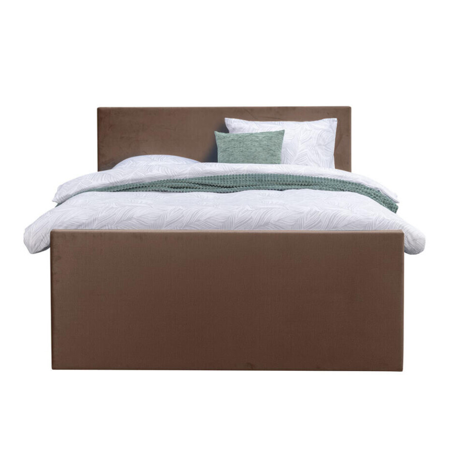 Leen Bakker - Boxspring Met Voetbord Liv Egaal - 160x200 Cm - Slanke Poot - Stof/Velvet - Bruin Leen Bakker - Boxspring Met Voetbord Liv Egaal - 160x200 Cm - Slanke Poot - Stof/Velvet - Bruin afbeelding 1