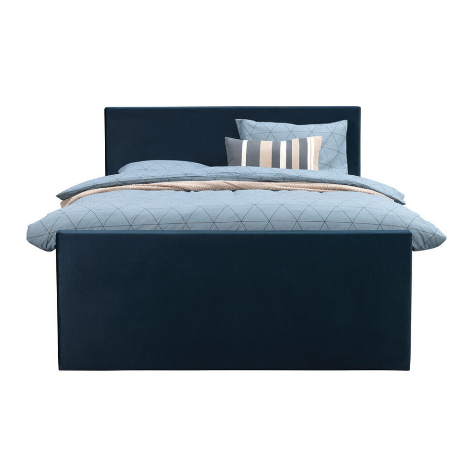 Leen Bakker - Boxspring Met Voetbord Liv Egaal - 160x200 Cm - Vierkante Poot - Stof/Velvet - Blauw afbeelding 1