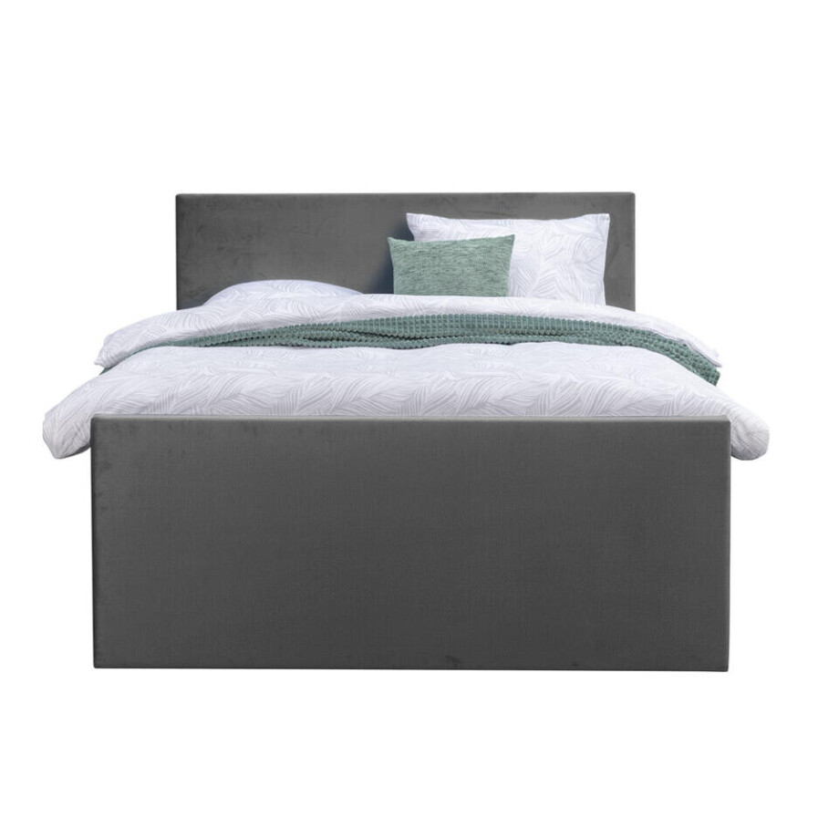 Leen Bakker - Boxspring Met Voetbord Liv Egaal - 160x200 Cm - Vierkante Poot - Stof/Velvet - Grijs afbeelding 1