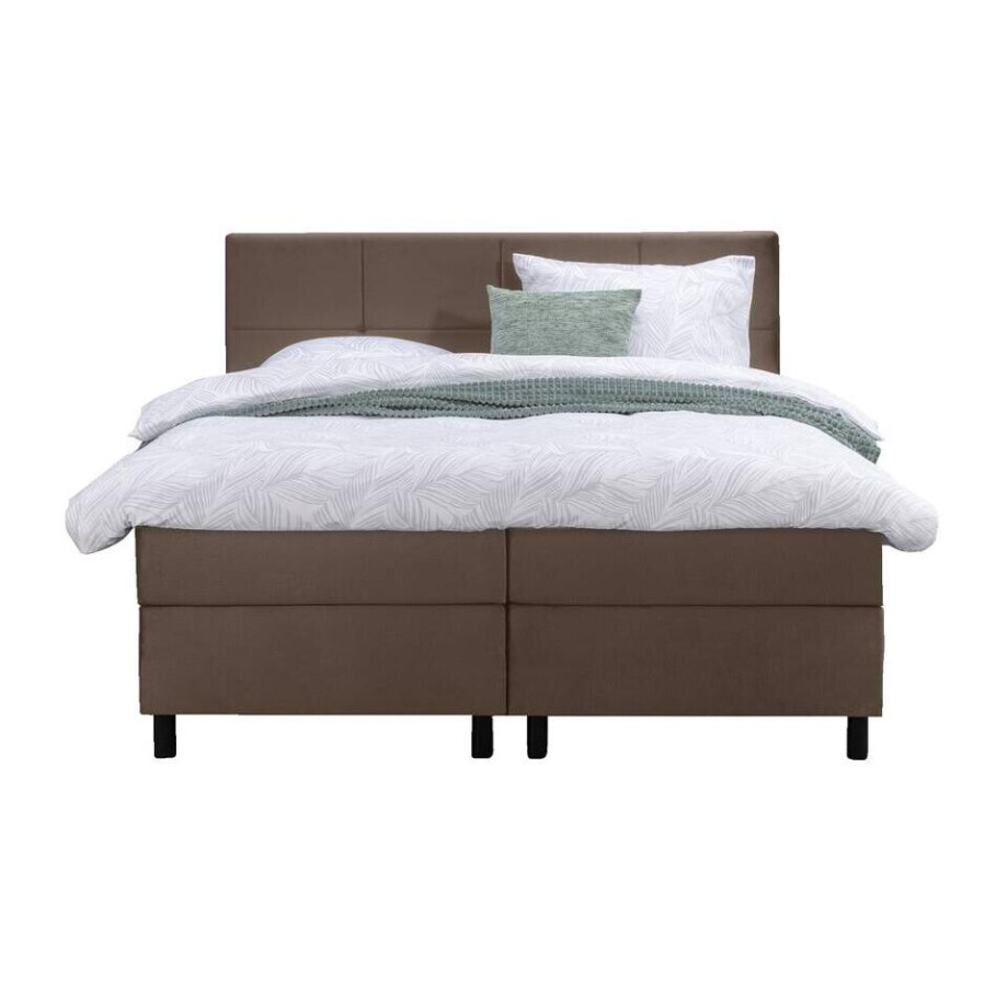 Leen Bakker - Boxspring Liv Geblokt - 180x200 Cm - Ronde Poot - Stof/Velvet - Bruin Leen Bakker - Boxspring Liv Geblokt - 180x200 Cm - Ronde Poot - Stof/Velvet - Bruin afbeelding 1