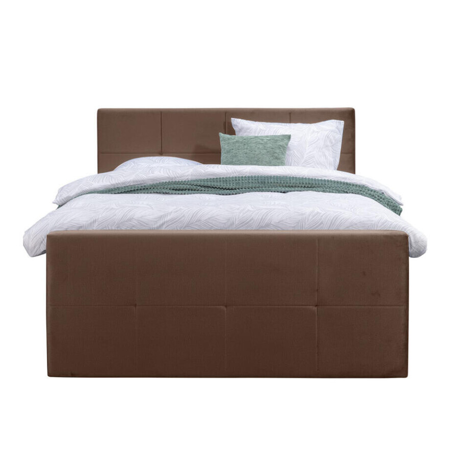 Leen Bakker - Boxspring Met Voetbord Liv Geblokt - 160x200 Cm - Vierkante Poot - Stof/Velvet - Bruin afbeelding 1