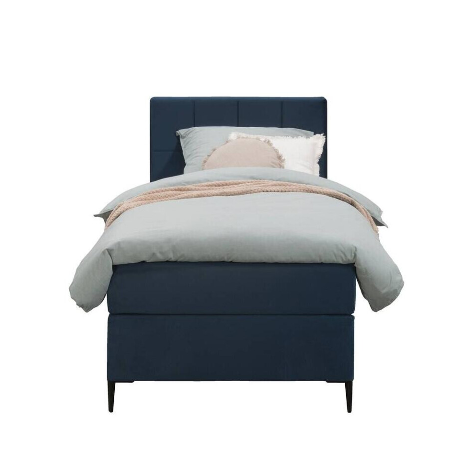 Leen Bakker - Boxspring Liv Geblokt - 90x200 Cm - Slanke Poot - Stof/Velvet - Blauw Leen Bakker - Boxspring Liv Geblokt - 90x200 Cm - Slanke Poot - Stof/Velvet - Blauw afbeelding 1
