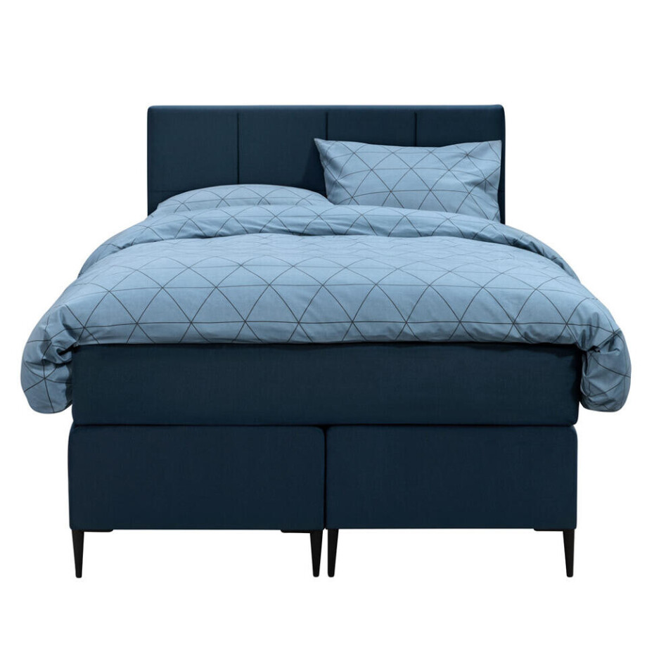 Leen Bakker - Boxspring Liv Geblokt - 140x200 Cm - Ronde Poot - Stof/Velvet - Blauw Leen Bakker - Boxspring Liv Geblokt - 140x200 Cm - Ronde Poot - Stof/Velvet - Blauw afbeelding 1