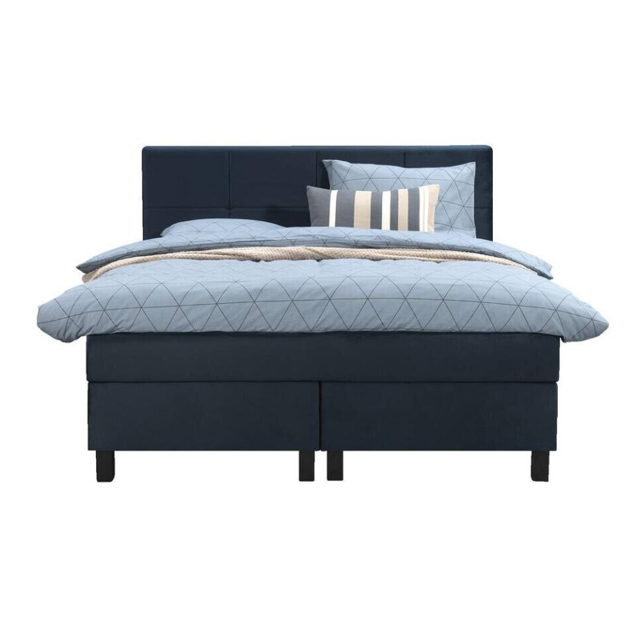 Leen Bakker - Boxspring Liv Geblokt - 140x200 Cm - Vierkante Poot - Stof/Velvet - Blauw afbeelding 1