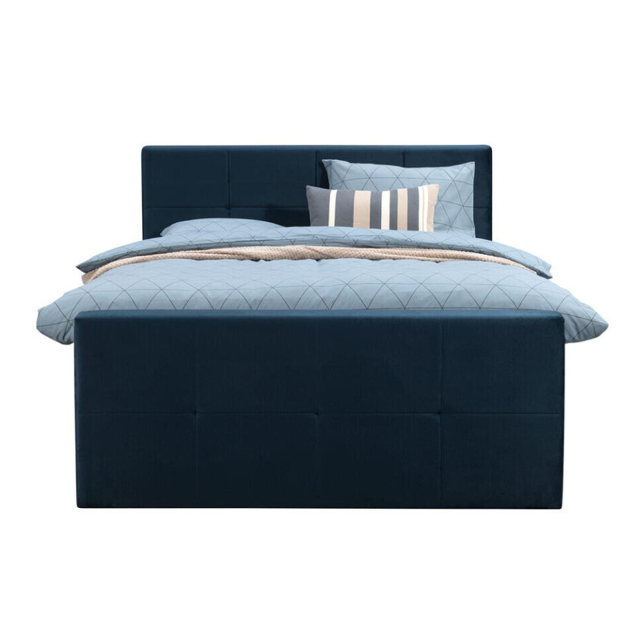 Leen Bakker - Boxspring Met Voetbord Liv Geblokt - 140x200 Cm - Slanke Poot - Stof/Velvet - Blauw afbeelding 1