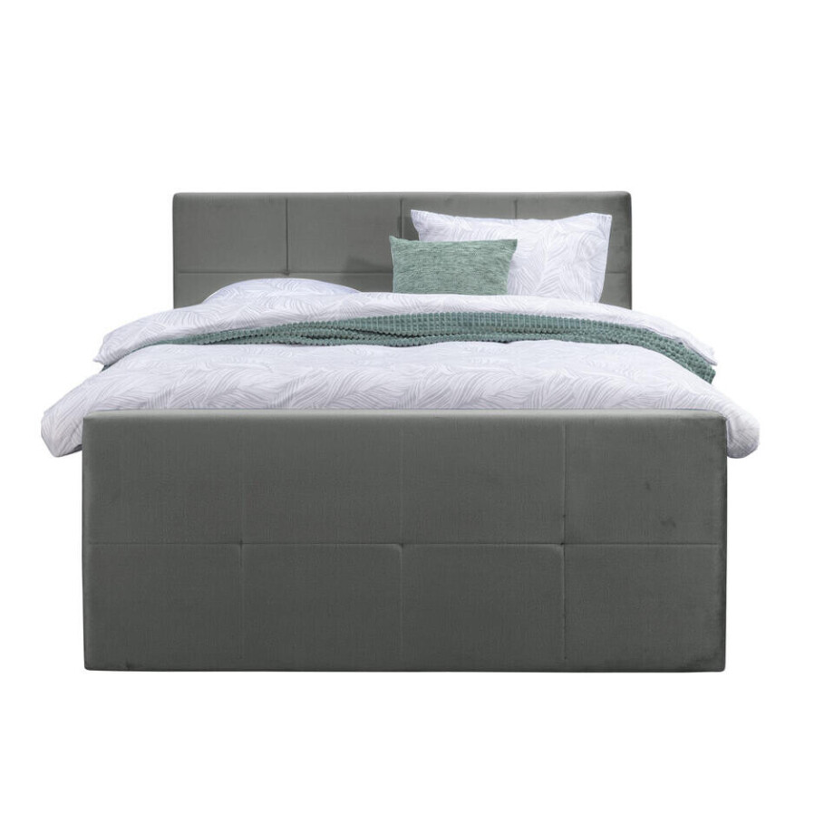 Leen Bakker - Boxspring Met Voetbord Liv Geblokt - 160x200 Cm - Vierkante Poot - Stof/Velvet - Grijs afbeelding 1