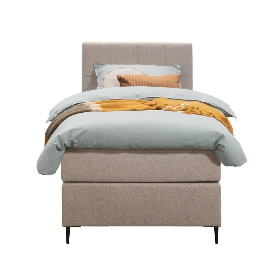 Leen Bakker - Boxspring Liv Geblokt - 90x200 Cm - Slanke Poot - Stof - Beige Leen Bakker - Boxspring Liv Geblokt - 90x200 Cm - Slanke Poot - Stof - Beige afbeelding 1