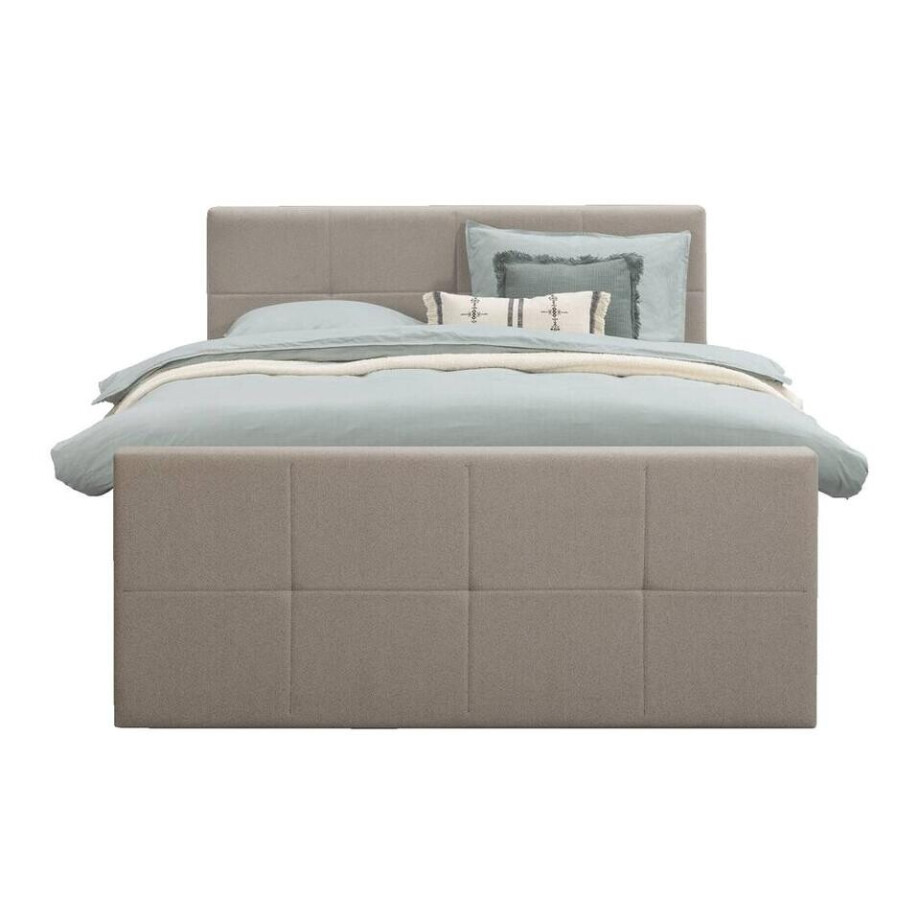 Leen Bakker - Boxspring Met Voetbord Liv Geblokt - 160x200 Cm - Vierkante Poot - Stof - Beige afbeelding 1