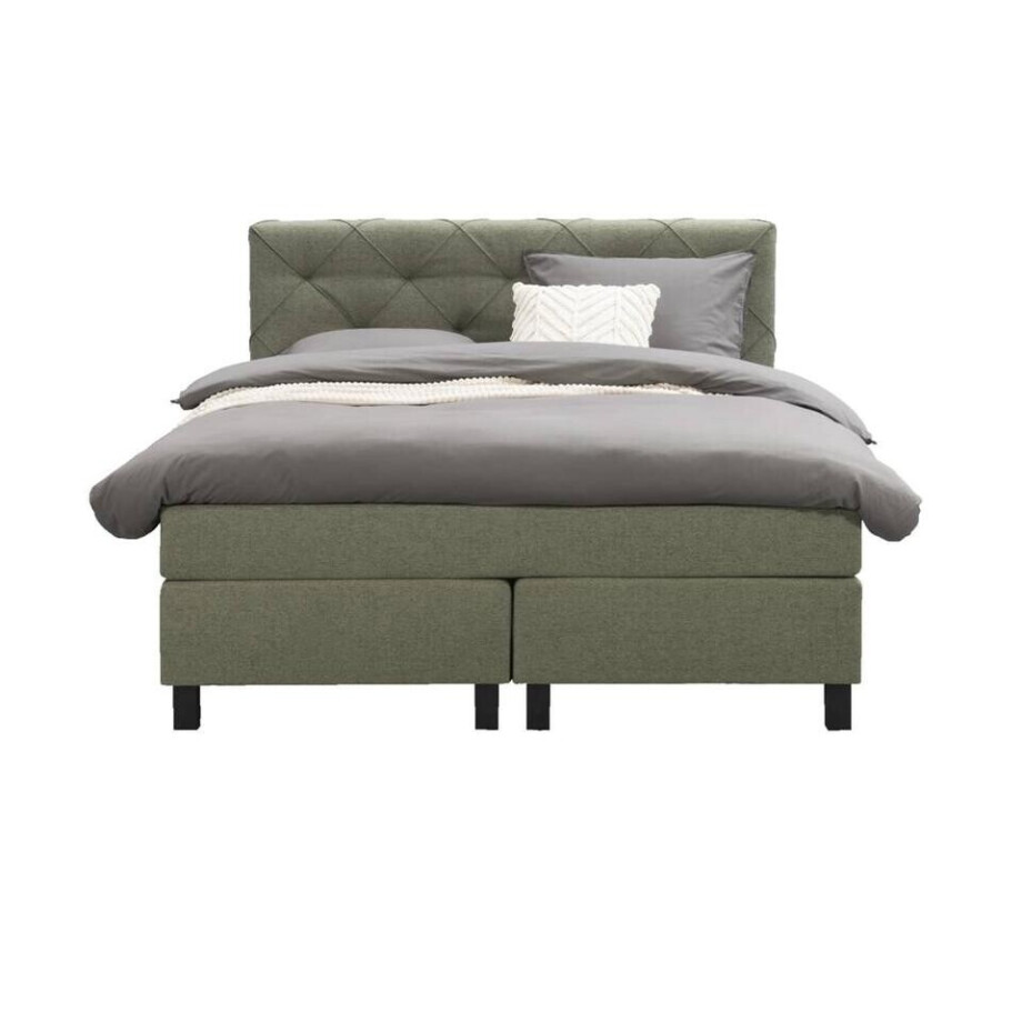 Leen Bakker - Boxspring Liv Geruit - 140x200 Cm - Vierkante Poot - Stof - Groen afbeelding 1